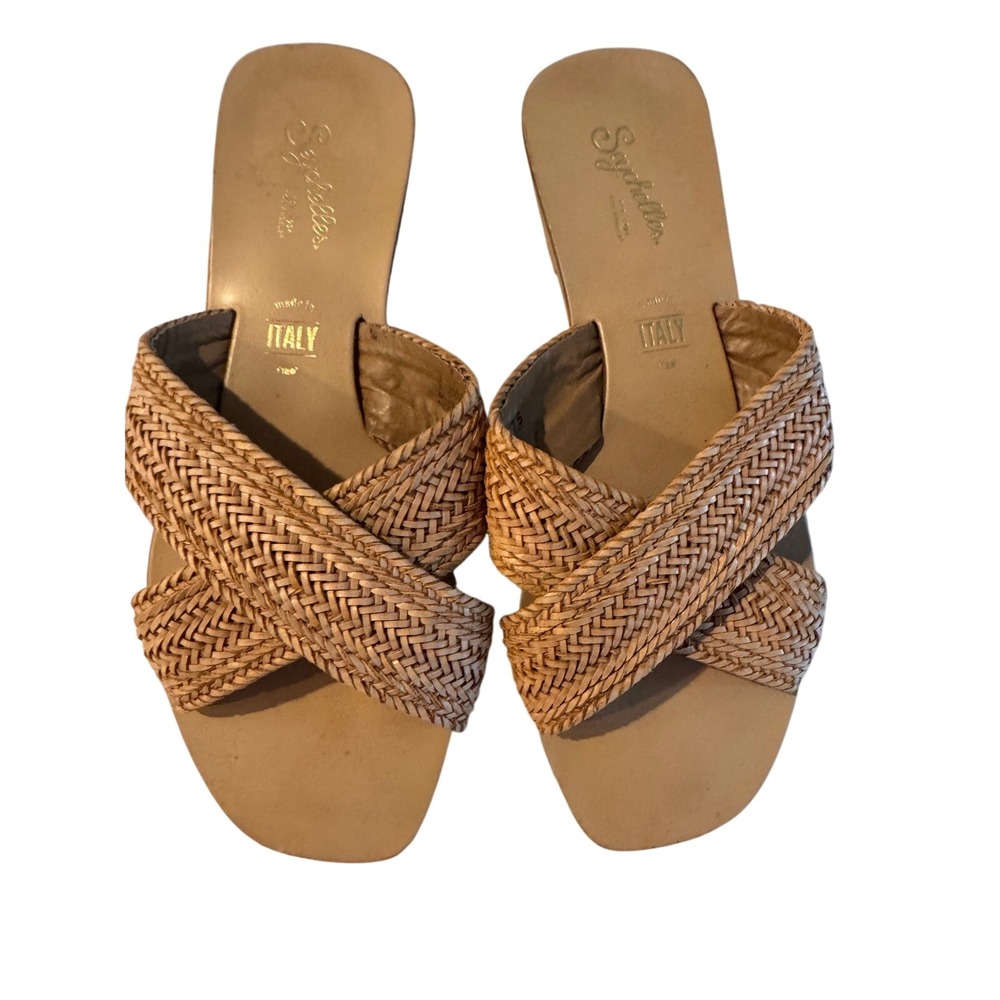 Seychelles Made in Italy Woven Cross Strap Slide Sandals Tan Straw Flat 7.5